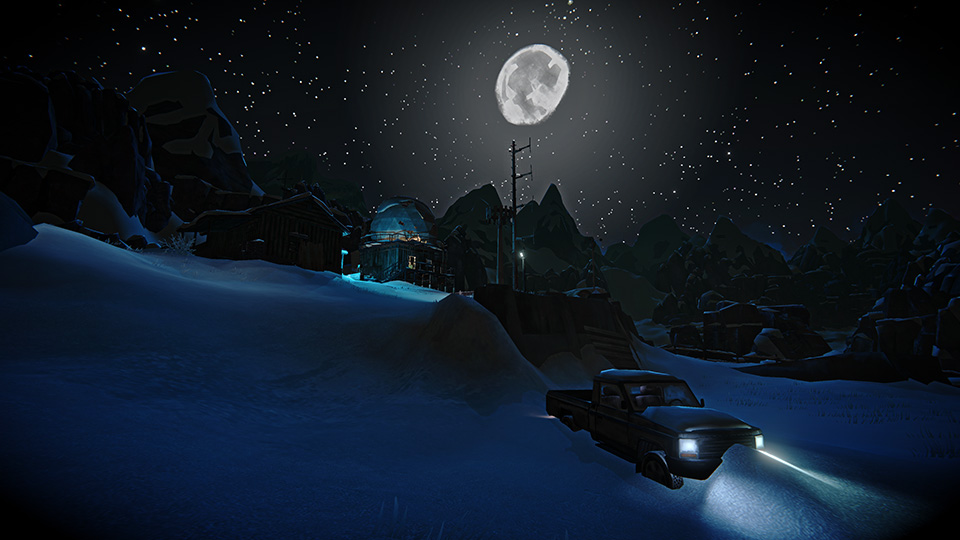 In-game shot of pickup truck buried in snow.