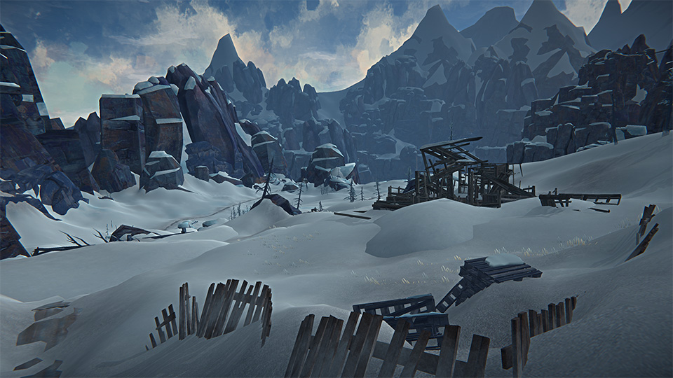 In-game shot of snowy mountain valley and broken fences.