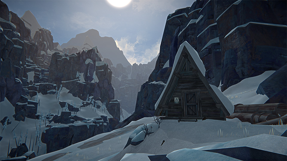 In-game shot of a-frame cabin in snowy valley.