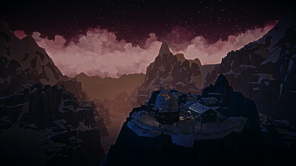 In-game shot of weather observation station with a radio hut, a garage structure, and a broken dome at the top of a rocky crag. Steep cliffs surround it and it looks very abandoned.
