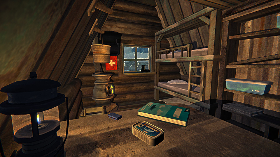 In-game shot of interior an a-frame cabin