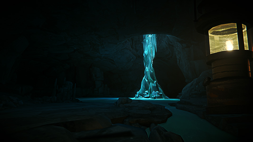 In-game shot of a frozen waterfall inside a cavern.