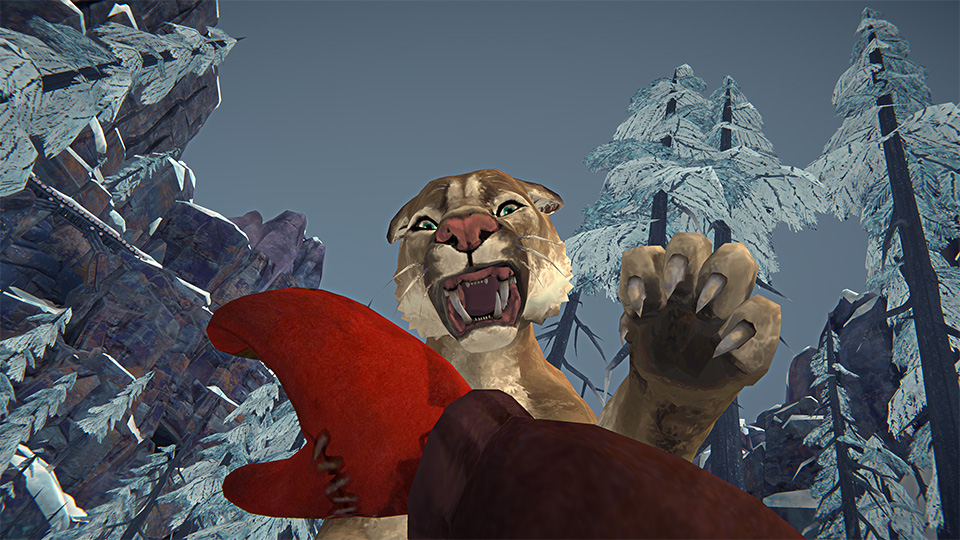 In-game first-person shot of a cougar attack.